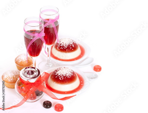 Valentine`s Day background with panacotta and wine. photo