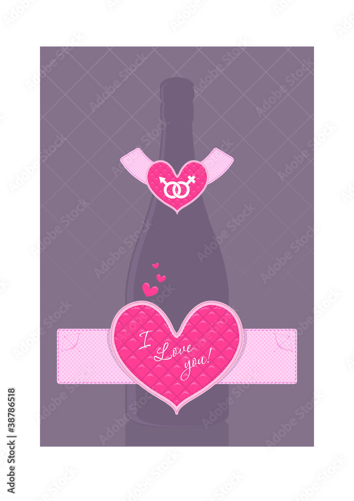 Vector champagne bottle with heart shaped label Vector champagne bottle with heart shaped label