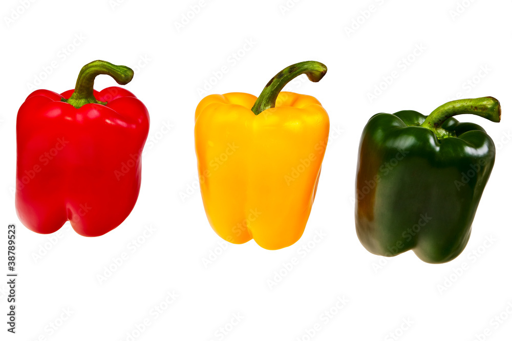 Three peppers red, green and yellow over white background. Three peppers red, green and yellow over white background.