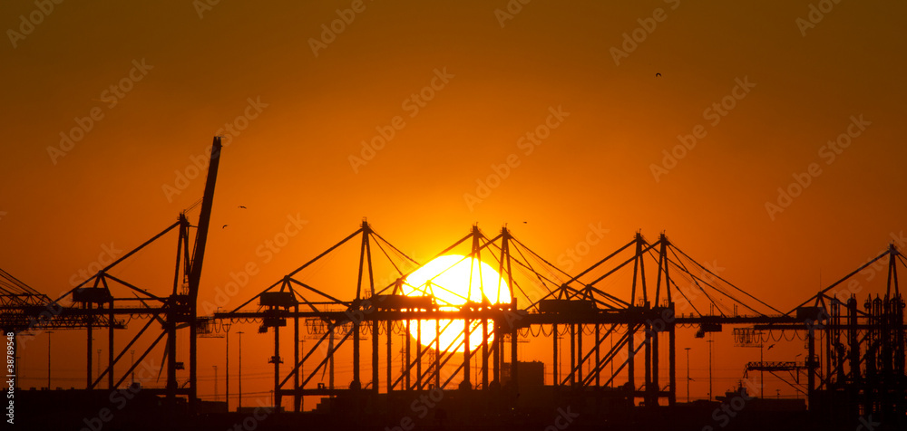 Industrial scenery at sunset, Rotterdam, The Netherlands