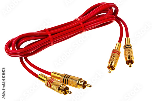 Photography Red cinch audio cable with golden plugs.