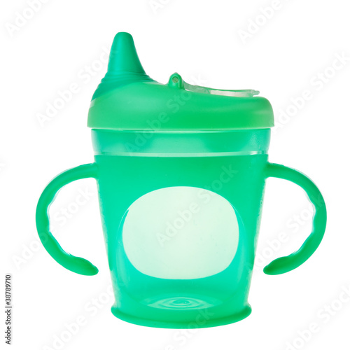 Green baby plastic cup with handles over white background.