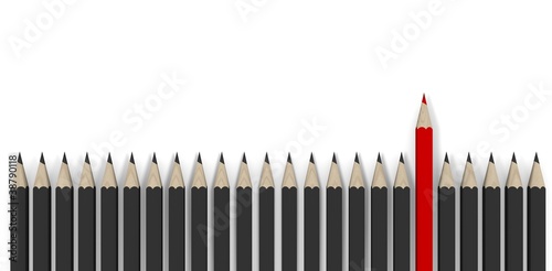 Leadership concept - row of gray pencils with red one