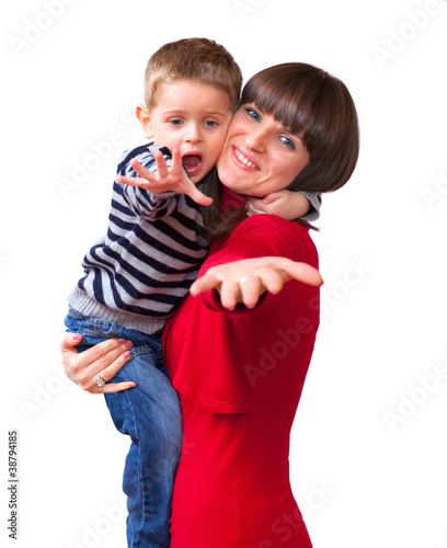 A young mother and her son show a very interesting thing. Isolat