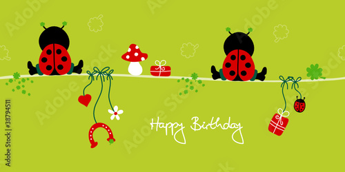 2 Sitting Ladybugs & Symbols "Happy Birthday"