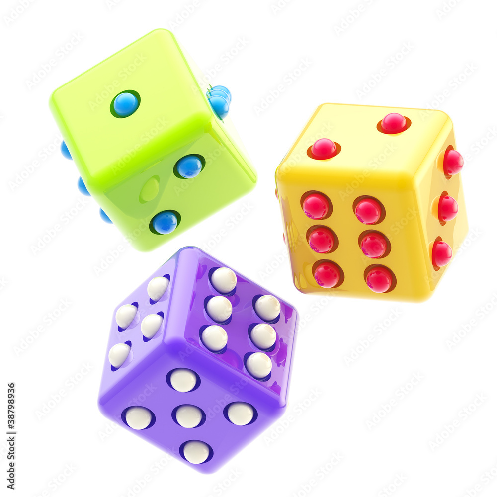 Set of three colorful glossy dices isolated Set of three colorful glossy dices isolated