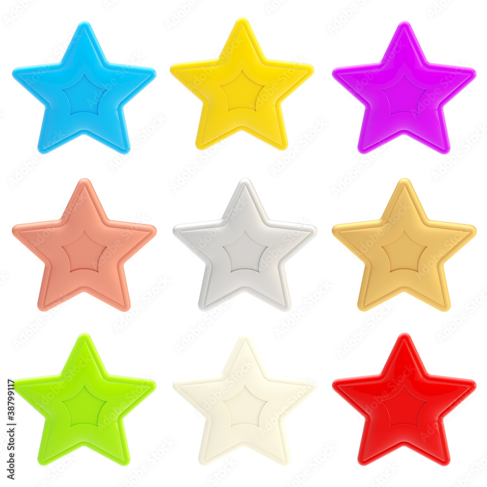 Set of nine colorful glossy stars isolated Set of nine colorful glossy stars isolated
