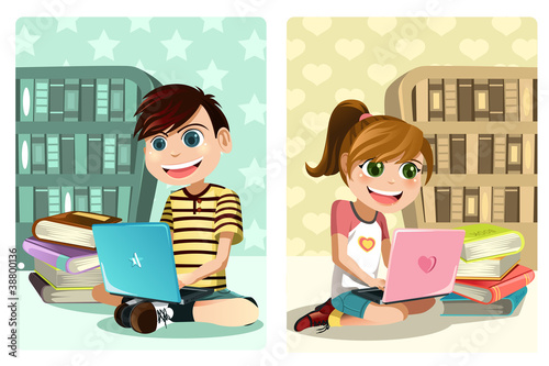 Kids studying using laptop