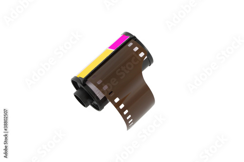 Camera negative film roll on white background.