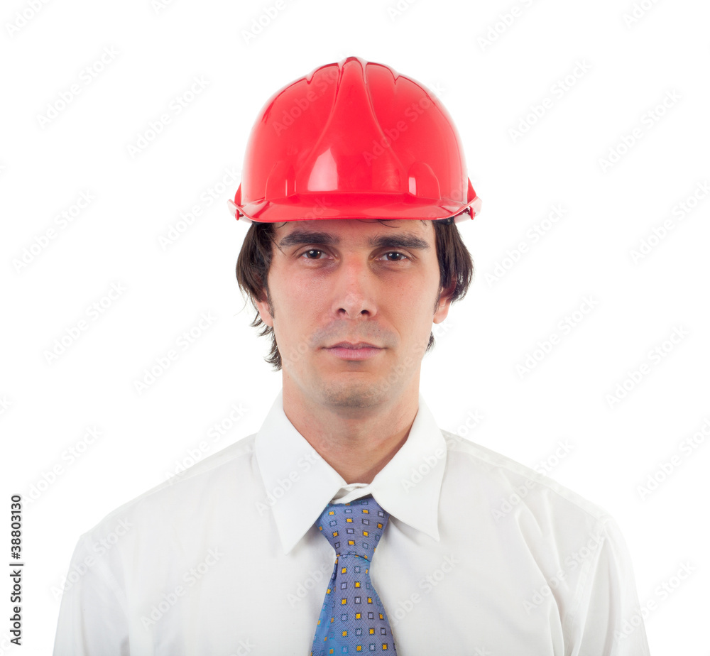 Portrait of engineer wearing shirt, tie and red helmet Portrait of engineer wearing shirt, tie and red helmet