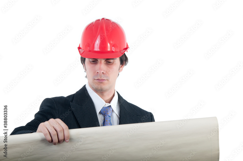 Portrait of engineer wearing shirt, tie and red helmet Portrait of engineer wearing shirt, tie and red helmet