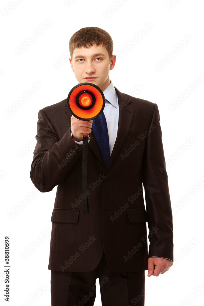 Businessman with a loudspeaker, isolated on white background