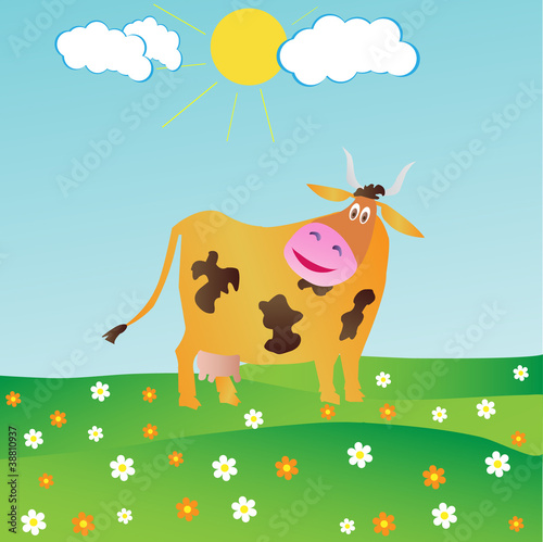 Happy Cartoon Cow With A Flower
