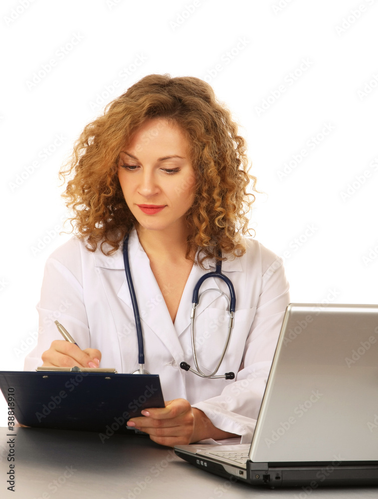 A female doctor at her workplace, isolated on white background A female doctor at her workplace, isolated on white background