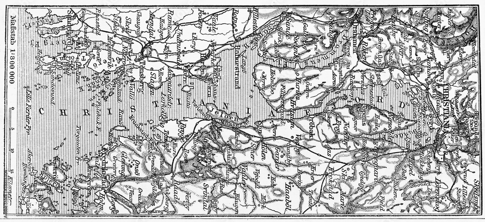 Vintage map pf Christiana Fjord at the beginning of 20th century