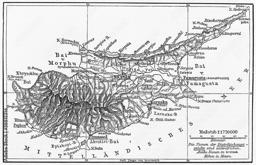 Vintage map of Cyprus at the end of 19th century