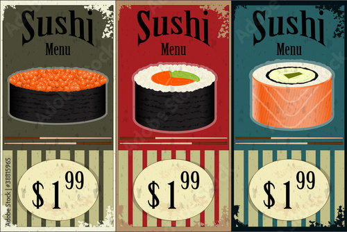 Vintage Sushi Labels - the food on grunge background
