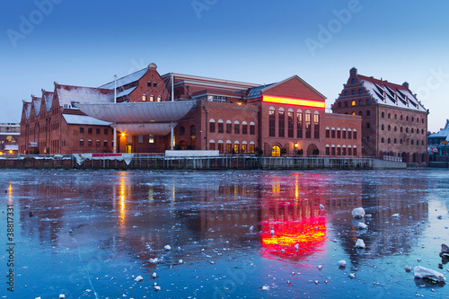 Baltic Philharmonic in Gdańsk with frozen Motlawa river, Poland