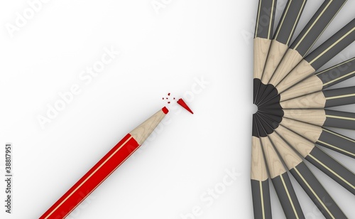 Group of gray pencils with a broken red one pencil in opposite