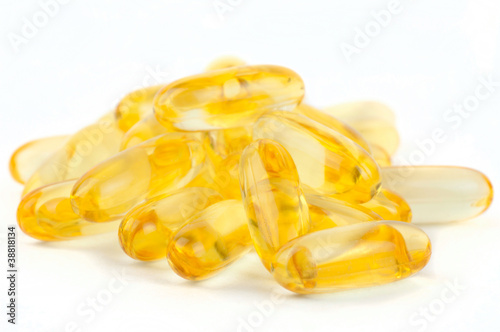 Close up of fish oil gel capsules