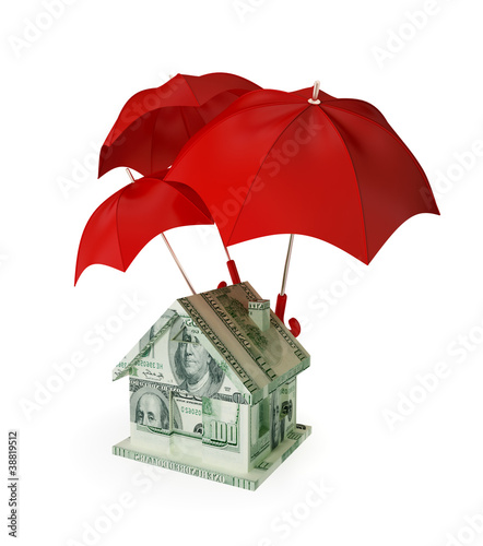 House made of money under three red umbrellas.