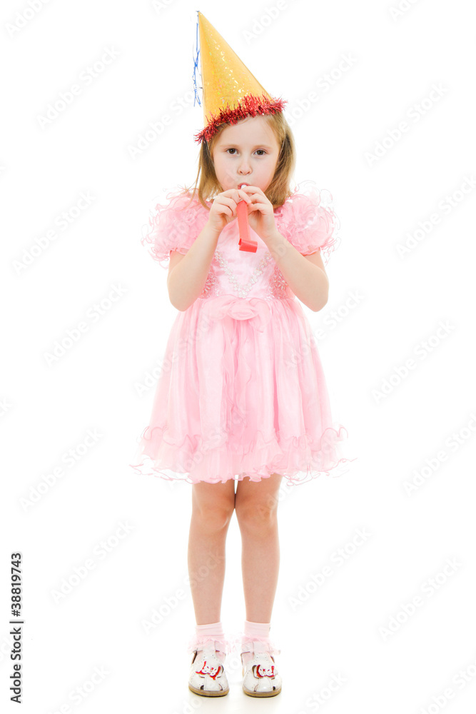 A girl in a pink dress and hat blowing in the pipe