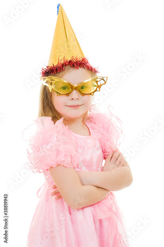 A girl in a pink dress with glasses and hat on white background.