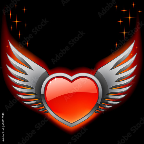 Glossy red heart with iron wings on the black background