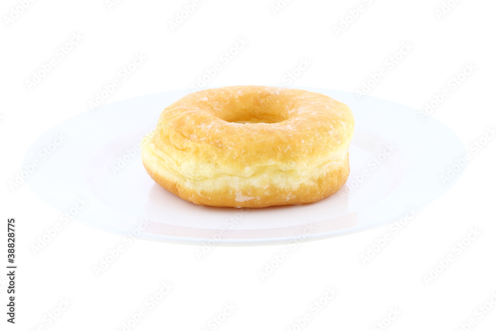 Sugar donut  on dish on white background.