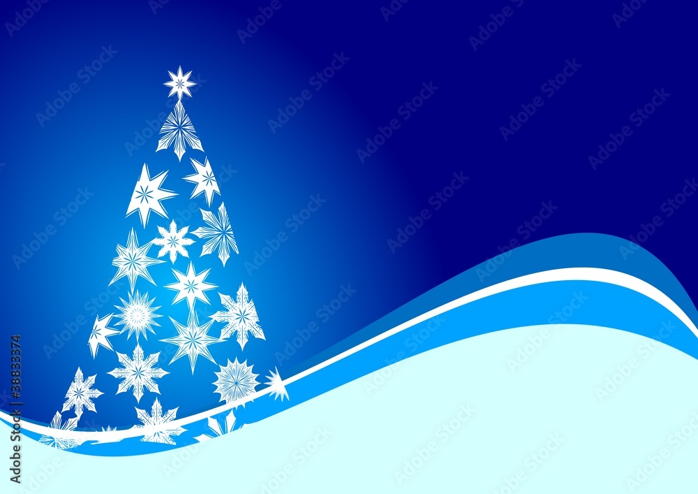 Christmas tree with snowflakes on blue background