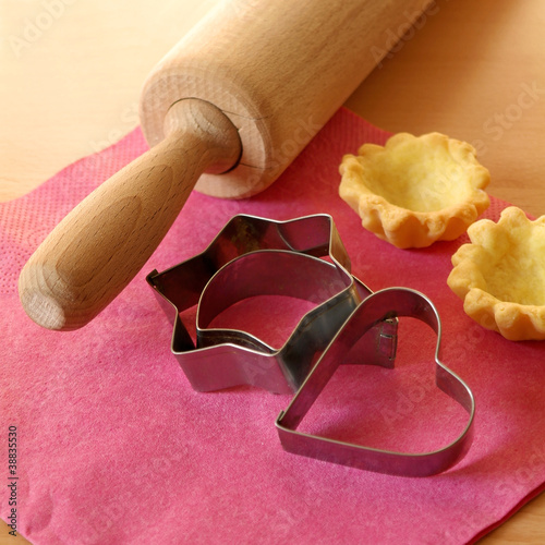 Rolling pin with baking molds,kitchen creativity concept
