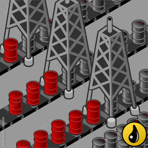 isometric oil towers in production of oil barrels