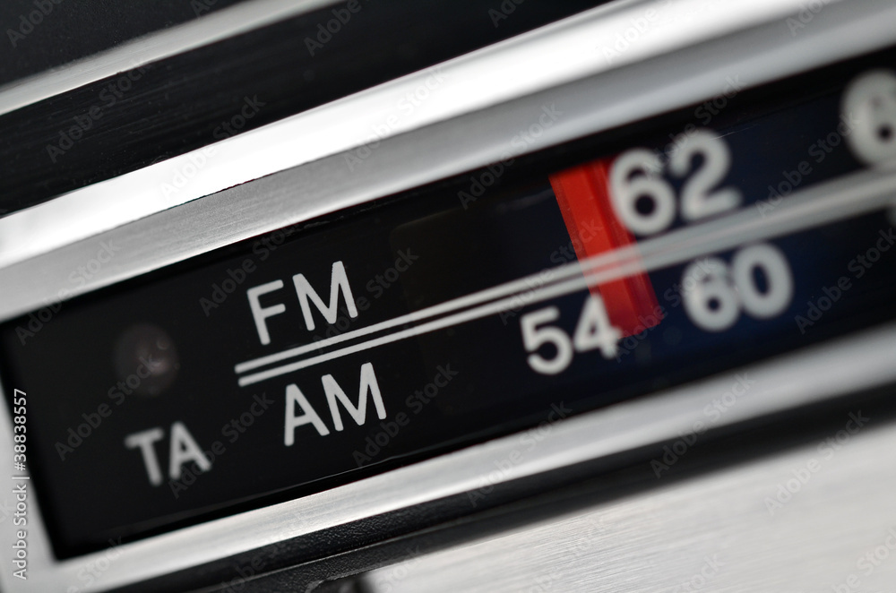 Radio station scale, tuning control panel close up