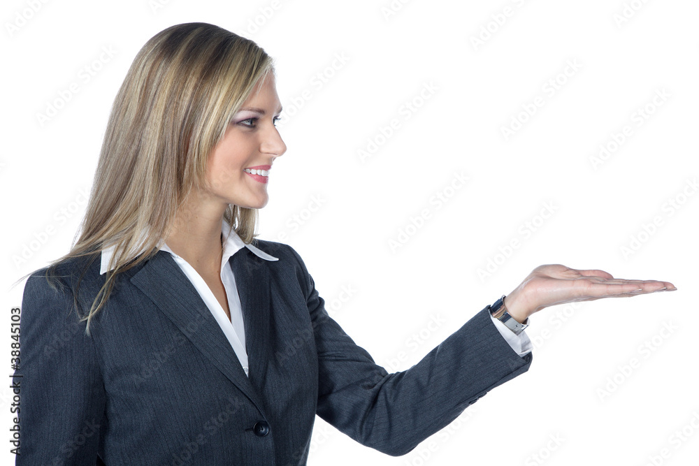 Freundliche Geschäftsfrau Gesicht präsentiert Porträt Freundliche Geschäftsfrau Gesicht präsentiert Porträt