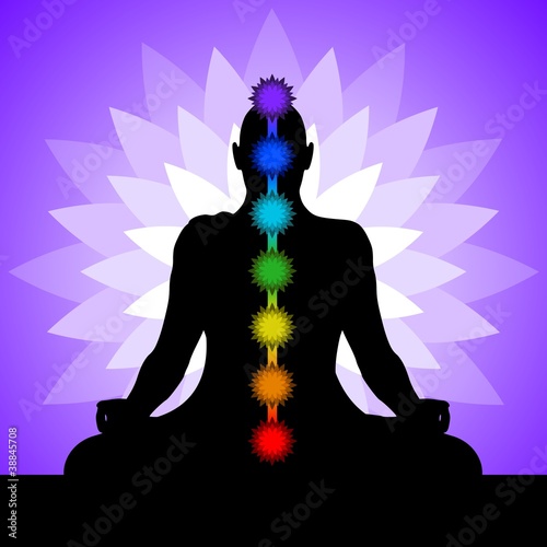 Yogi with chakras. Silhouette of man in lotus position.