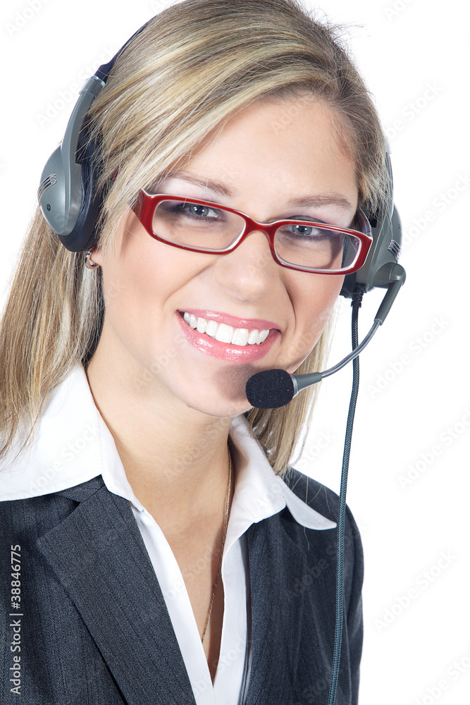 Business Frau Gesicht mit Headset lacht Porträt Business Frau Gesicht mit Headset lacht Porträt