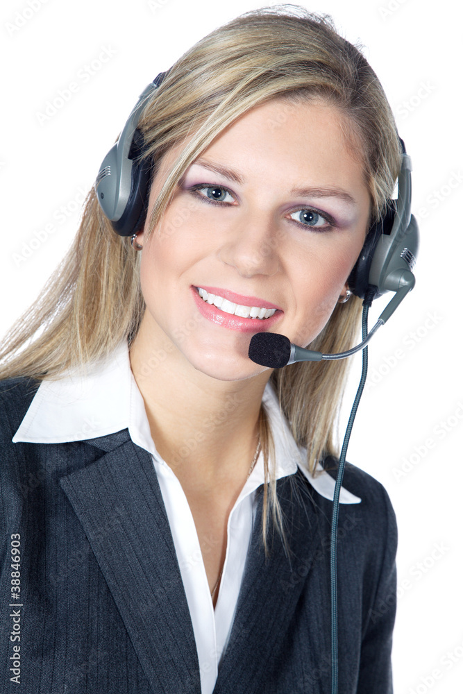 Business Frau Gesicht mit Headset lacht Porträt Business Frau Gesicht mit Headset lacht Porträt