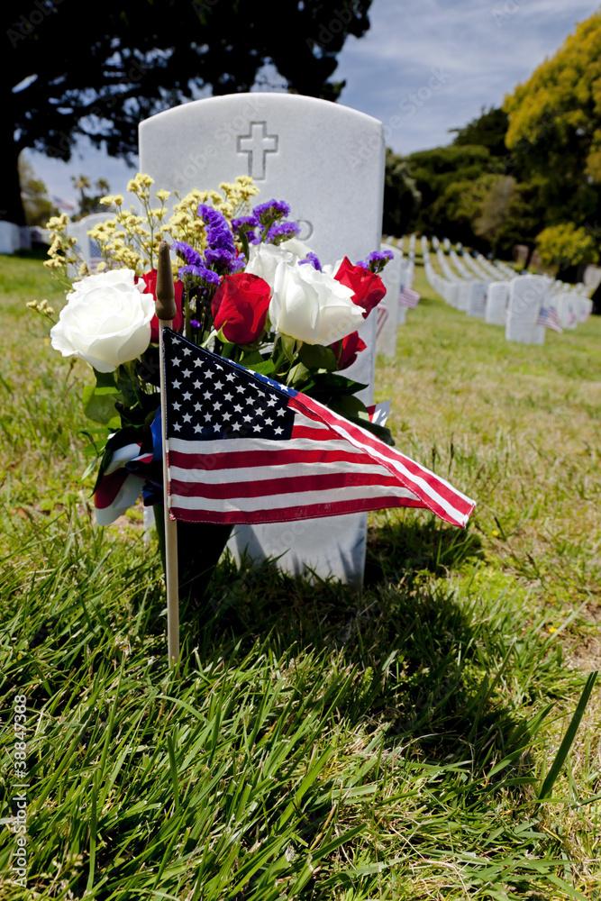 Headstone and American Flag at National Cemetery Stock Photo | Adobe Stock