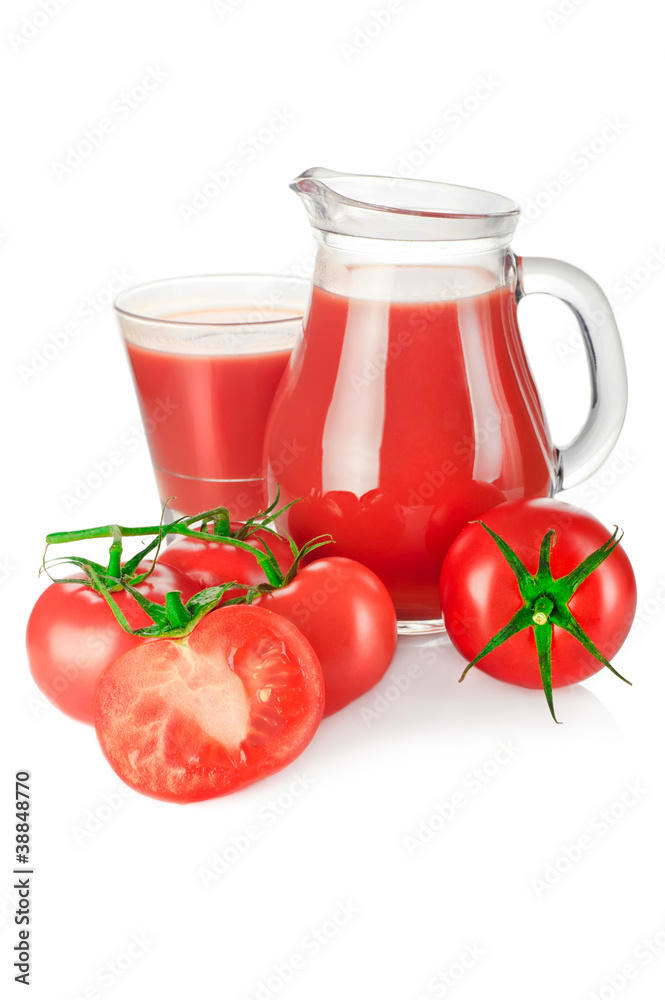 Tomato juice. Fresh ripe tomatoes and glass jar of juice