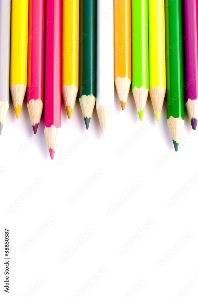 colour pencils on white background close up
