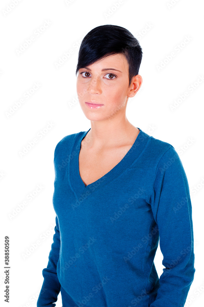 short haired young Caucasian woman, over white background short haired young Caucasian woman, over white background