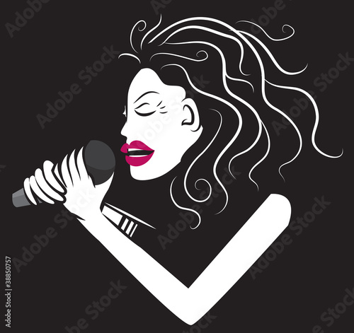 Woman singer holding microphone in black and white