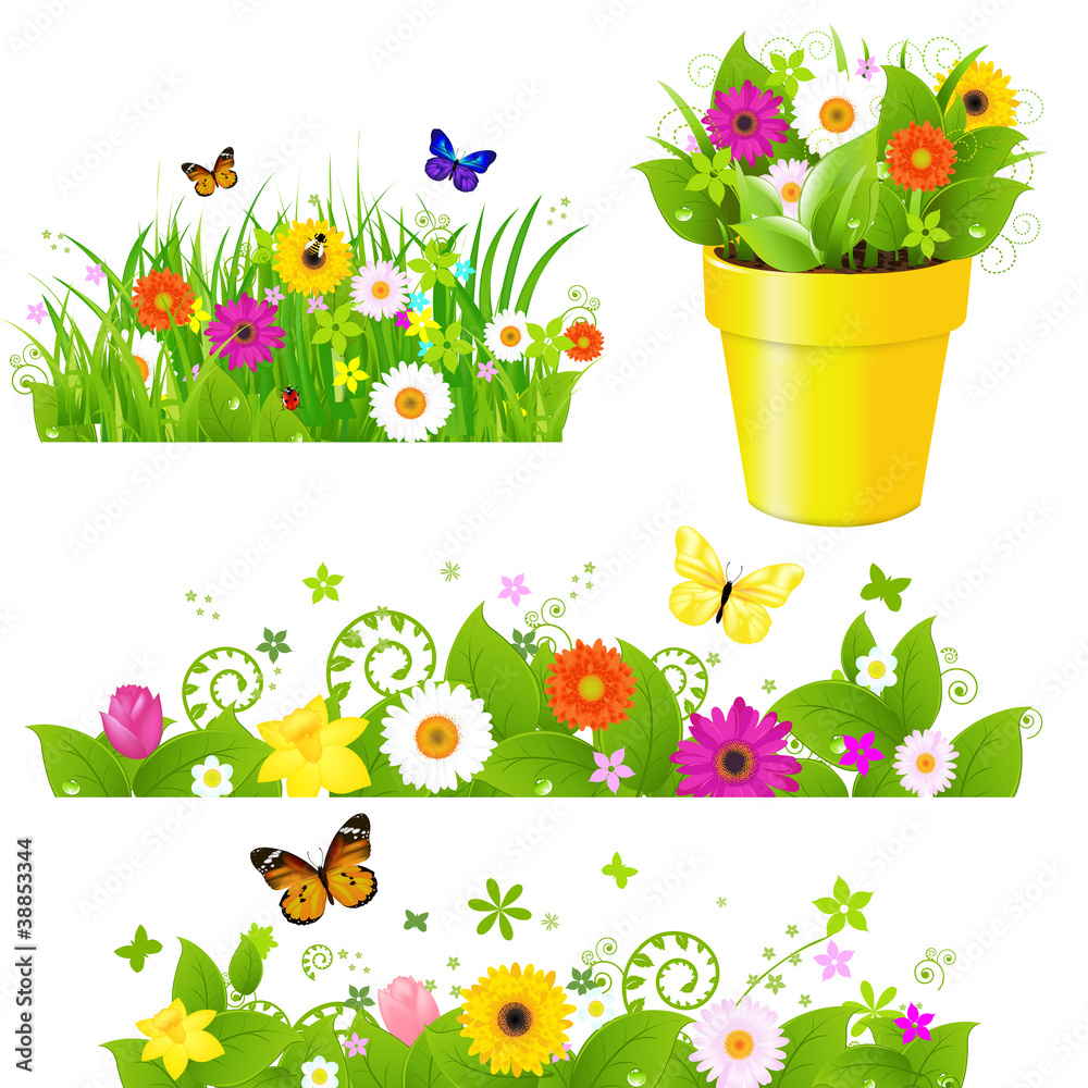 Green Grass With Flowers Set