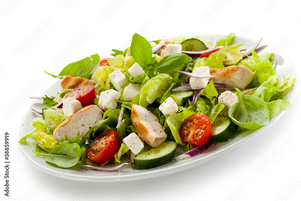 Vegetable salad with white cheese and roast chcicken meat