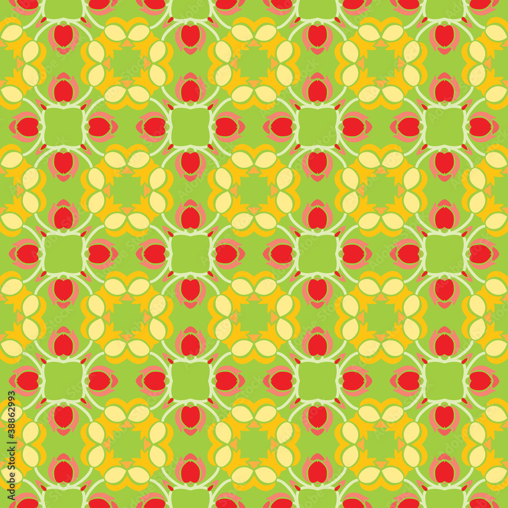 Seamless wallpaper with cheerful red tulips on a green backgroun