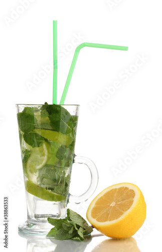 Glass of cocktail with lime and mint isolated on white