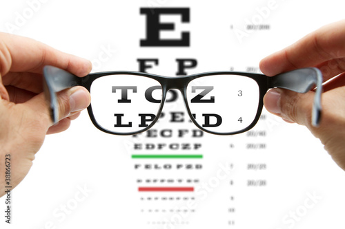 Looking through the glasses at eye chart