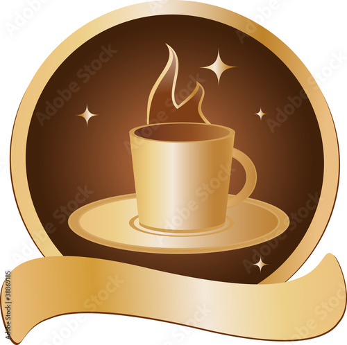 emblem with golden cup with hot beverage