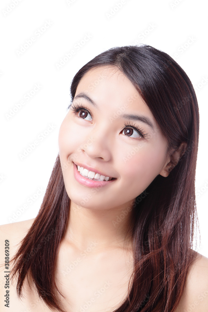 Beauty woman smiling looking at copy space Beauty woman smiling looking at copy space