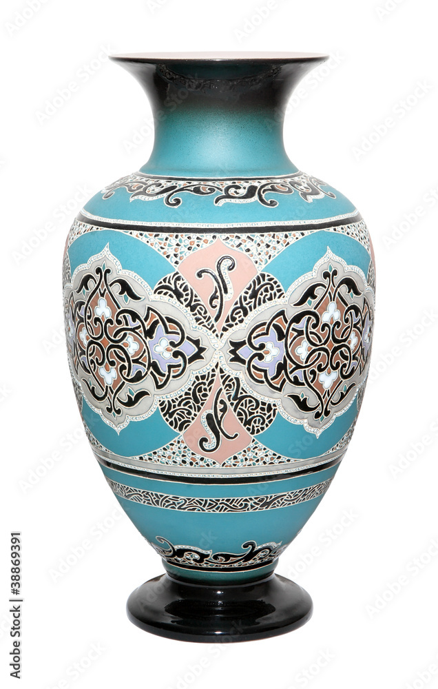 old ceramic vase in the Oriental style on the white background